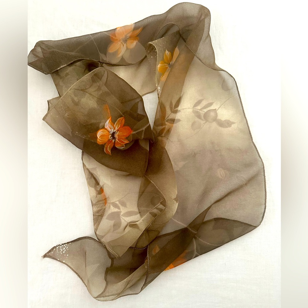 Floral Sheer Scarf with Orange Accents